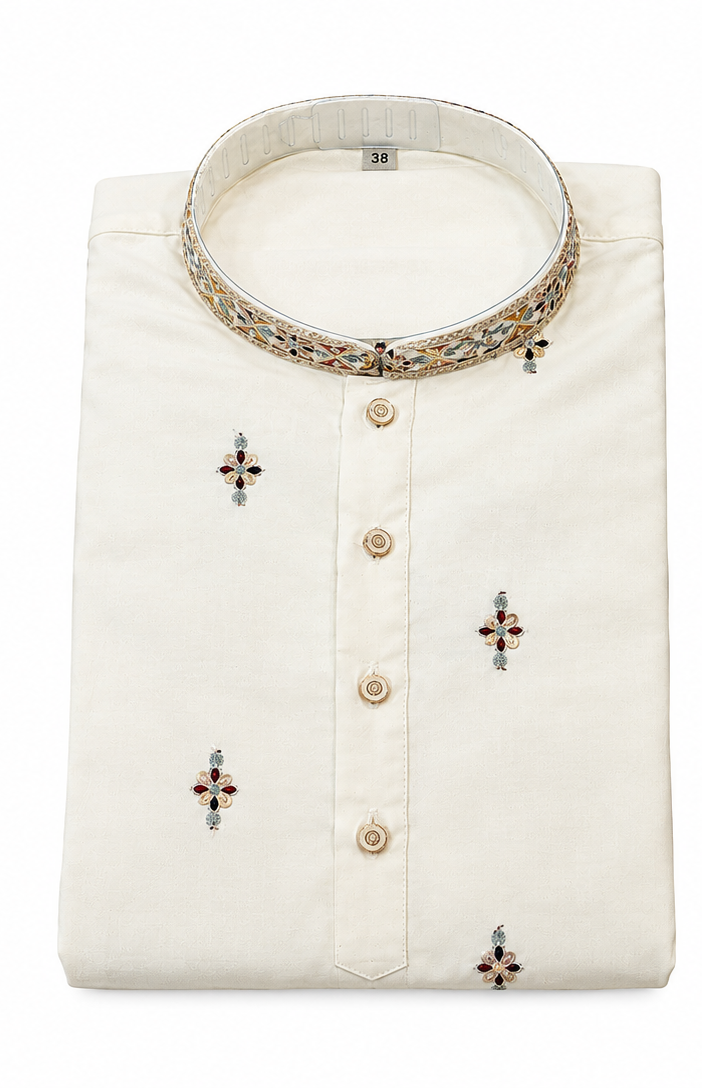 Men's mandarin collar Embroidery work with Daman kurta and astar AST 14 - Off White