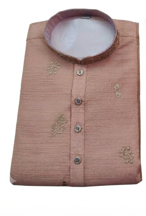 Men's mandarin collar embroidery work kurta, tissue fabric, Neck & daman design and astar attached AST 10 - Peach