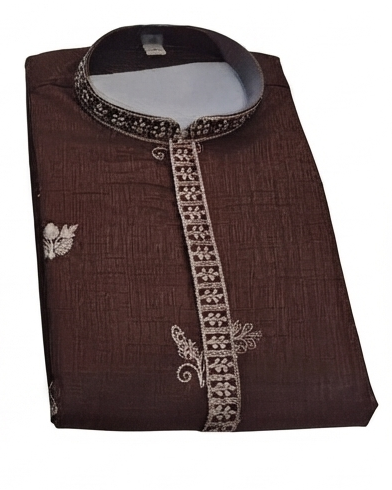 Men's mandarin collar embroidery work kurta, tissue fabric, Neck & daman design and astar attached AST 22 - Brown