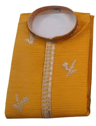 Men's mandarin collar embroidery work kurta, tissue fabric, Neck & daman design and astar attached AST 24 - Yellow