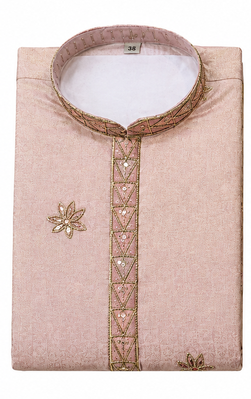 Men's short length mandarin collar front and back embroidery work kurta, unique neck and daman design, fusing attached DM 07 - Pink