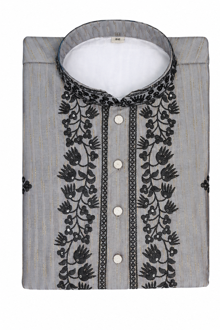 Men's mandarin collar Embroidery work kurta WK-12 - Grey