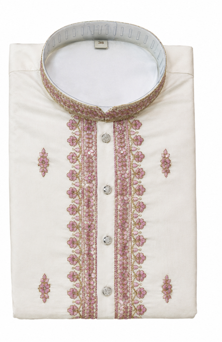 Men's mandarin collar Embroidery work kurta, Neck work, daman design and astar attached AST 20 - Pink