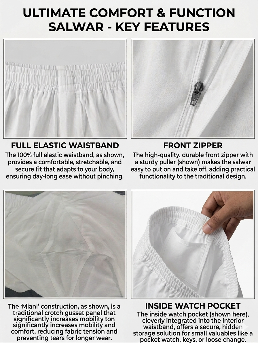 Full Elastic Men's Poly Silk (PS) Cotton Salwar White
