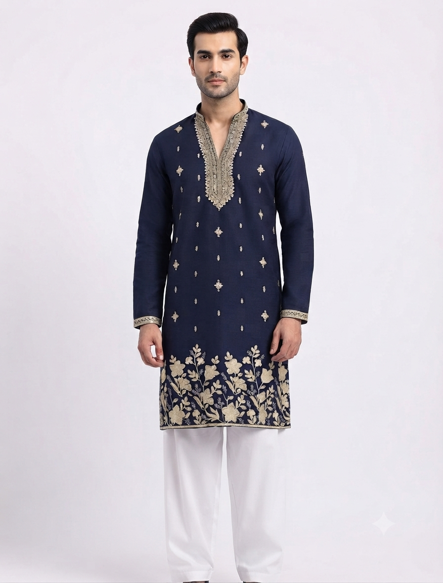 Men's V-neck Kurta DM-12 Navy Blue