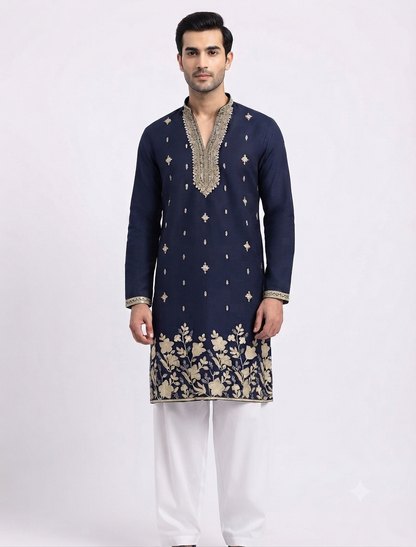 Men's V-neck Kurta DM-12 Navy Blue
