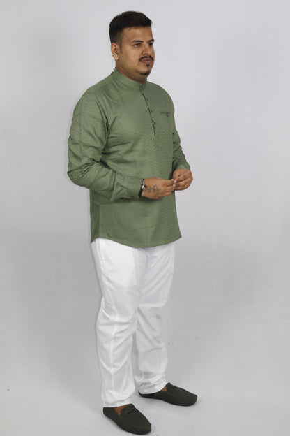 BHW SLUB 1 MEN'S FULL SLEEVE SHORT KURTA MEHENDI GREEN