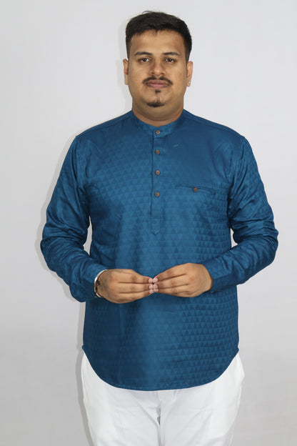 BHW CASATA MEN'S FULL SLEEVE SHORT KURTA PEACOCK BLUE