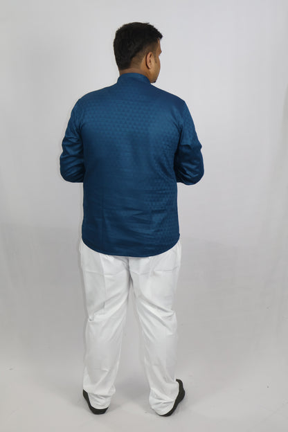 BHW CASATA MEN'S FULL SLEEVE SHORT KURTA PEACOCK BLUE
