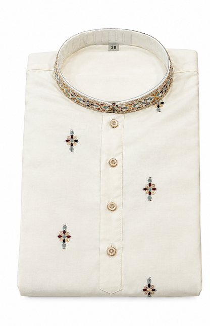 Men's mandarin collar Embroidery work with Daman kurta and astar AST 14 - Off White