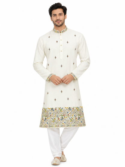 Men's mandarin collar Embroidery work with Daman kurta AST 14 - White