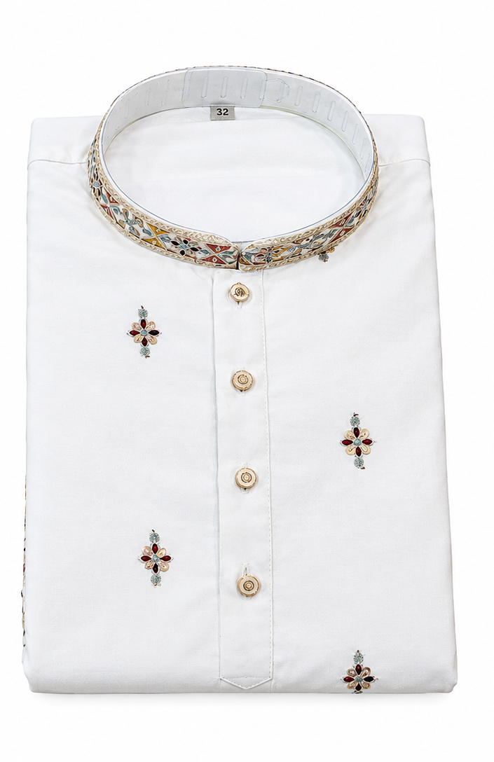 Men's mandarin collar Embroidery work with Daman kurta AST 14 - White