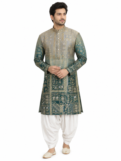 Men's mandarin collar jacquard printed kurta, astar attached AST 05 - Green