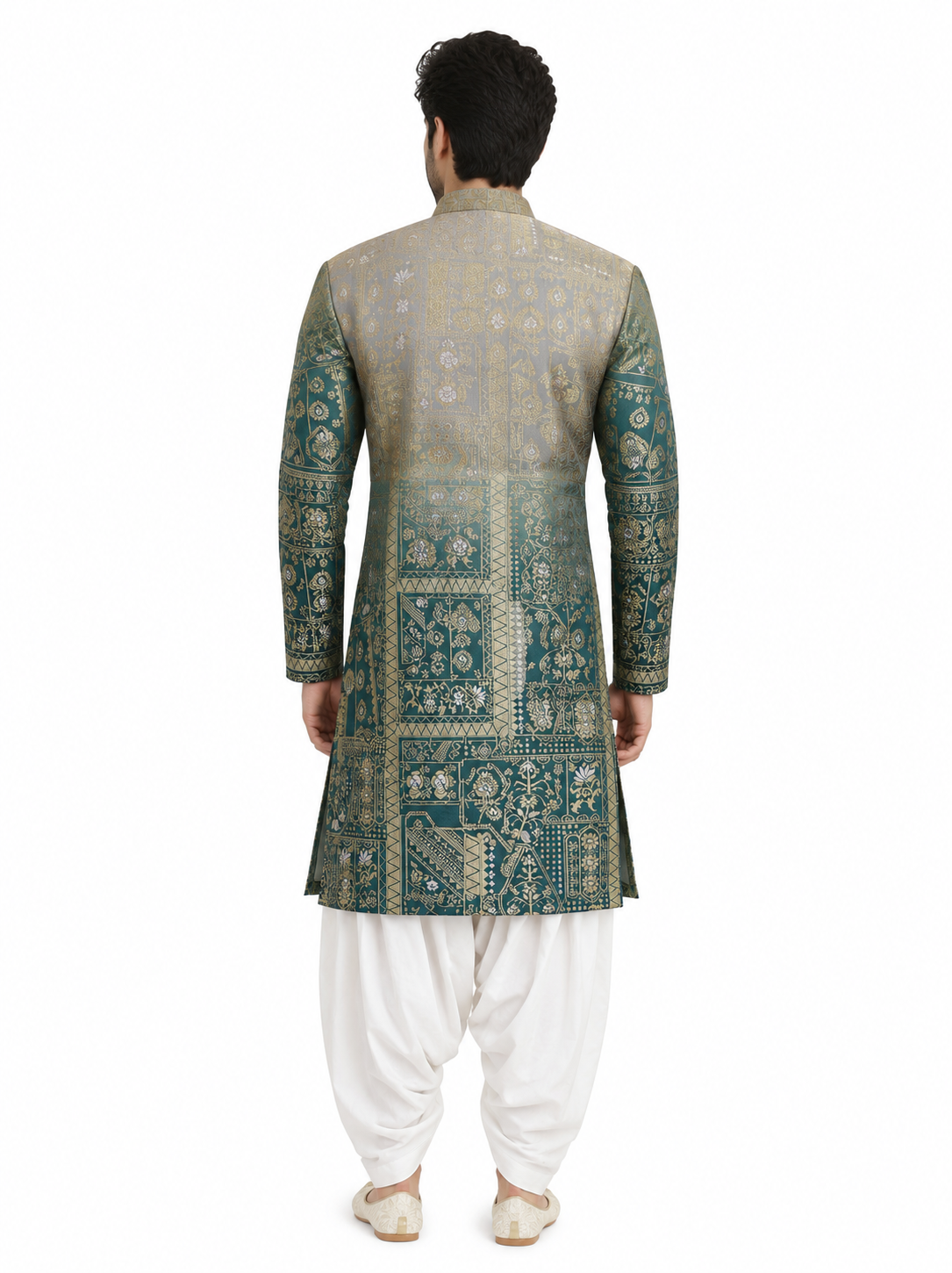 Men's mandarin collar jacquard printed kurta, astar attached AST 05 - Green