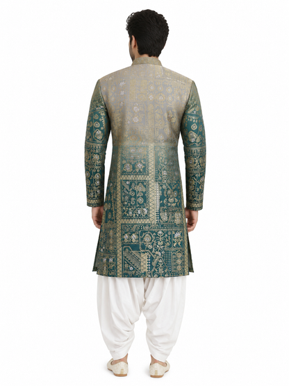 Men's mandarin collar jacquard printed kurta, astar attached AST 05 - Green