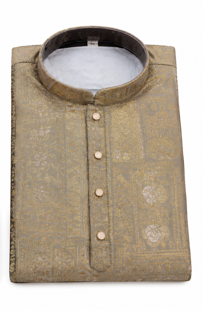 Men's mandarin collar jacquard printed kurta, astar attached AST 05 - Green