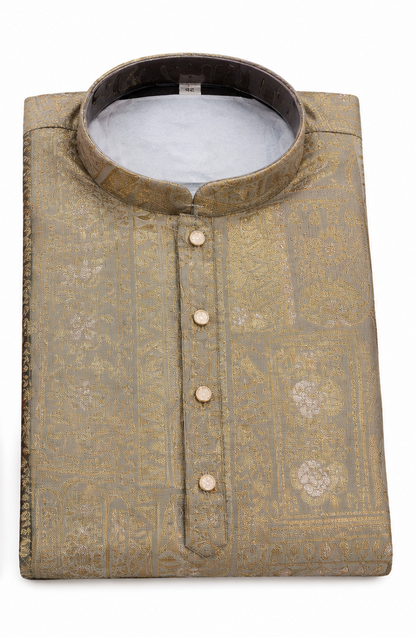 Men's mandarin collar jacquard printed kurta, astar attached AST 05 - Green