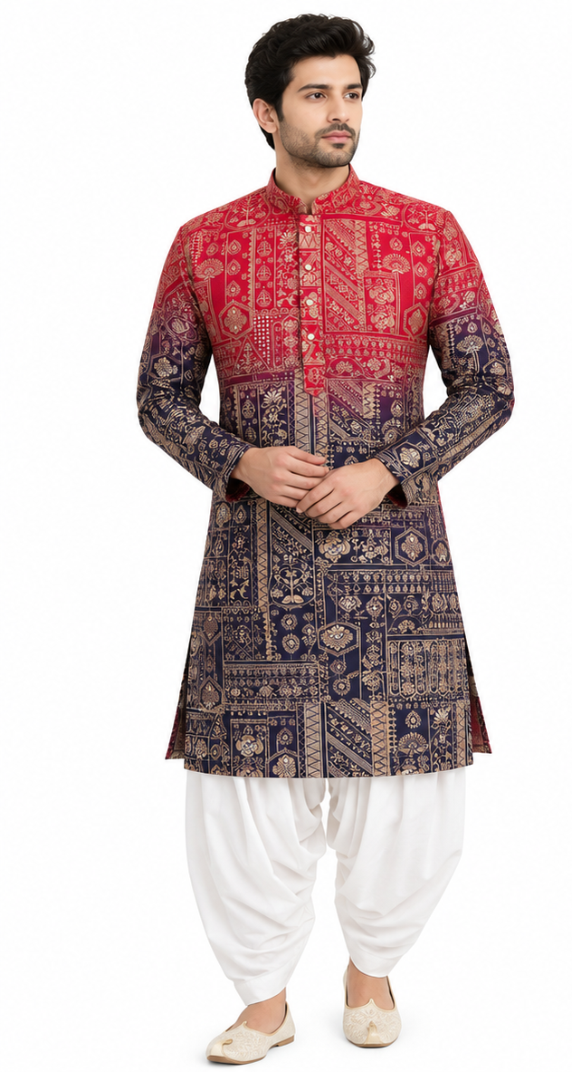 Men's mandarin collar jacquard printed kurta, astar attached AST 05 - Red