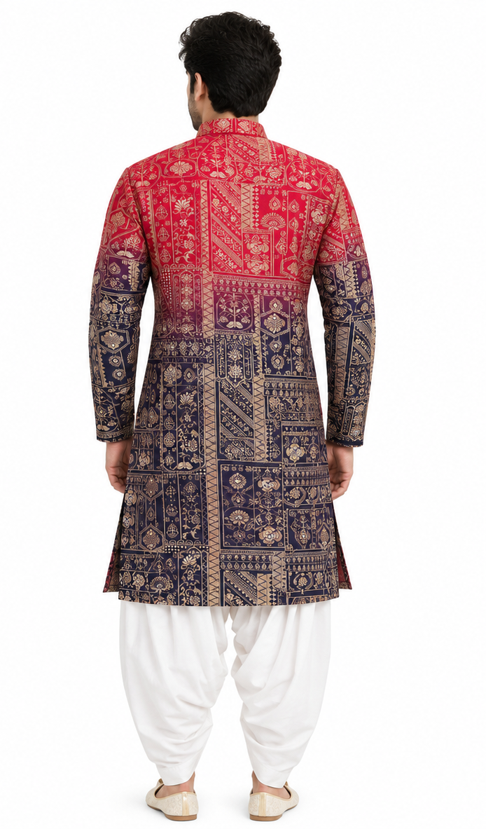 Men's mandarin collar jacquard printed kurta, astar attached AST 05 - Red