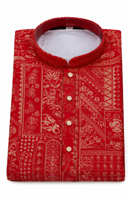Men's mandarin collar jacquard printed kurta, astar attached AST 05 - Red