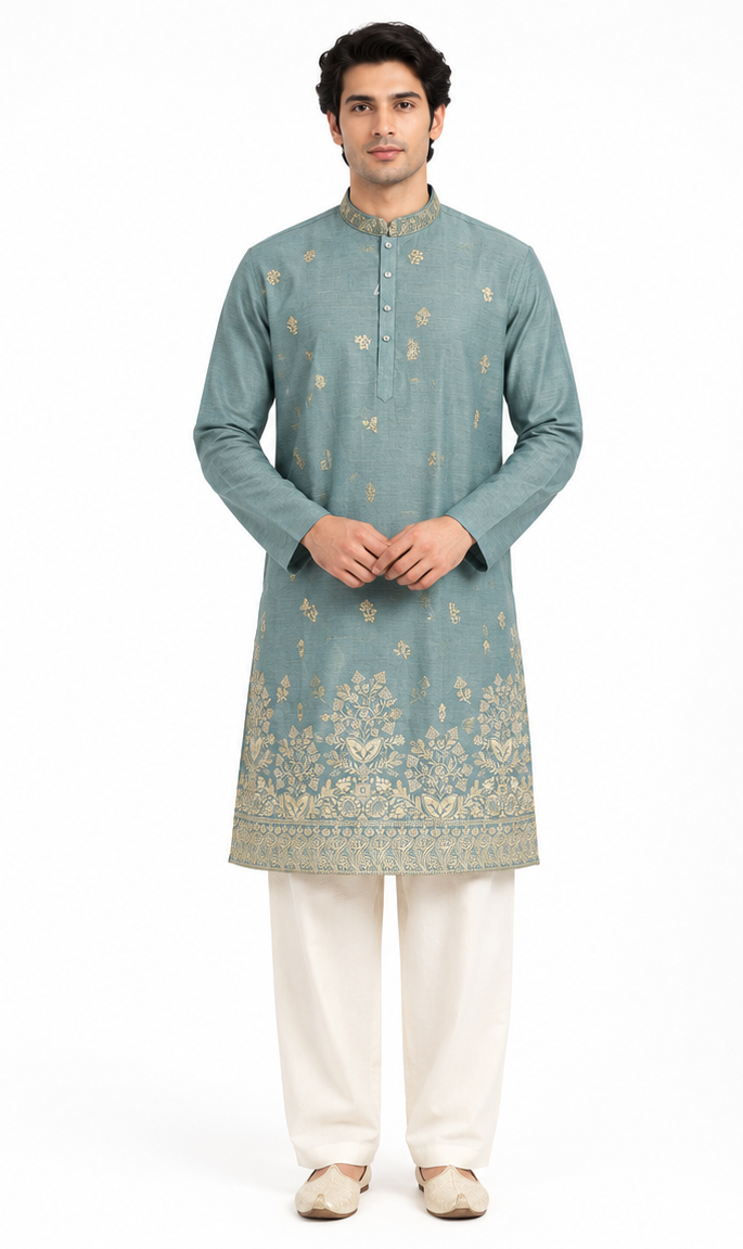 Men's mandarin collar embroidery work kurta, tissue fabric, Neck & daman design and astar attached AST 10 - Green