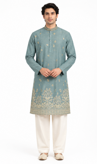 Men's mandarin collar embroidery work kurta, tissue fabric, Neck & daman design and astar attached AST 10 - Green