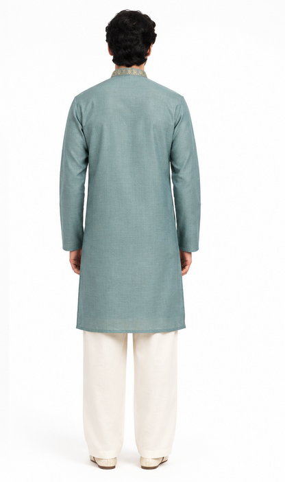 Men's mandarin collar embroidery work kurta, tissue fabric, Neck & daman design and astar attached AST 10 - Green