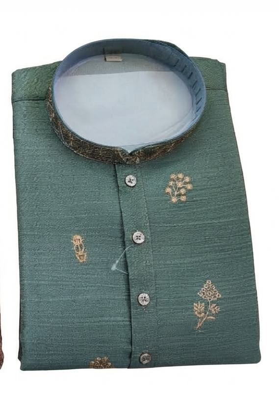 Men's mandarin collar embroidery work kurta, tissue fabric, Neck & daman design and astar attached AST 10 - Green