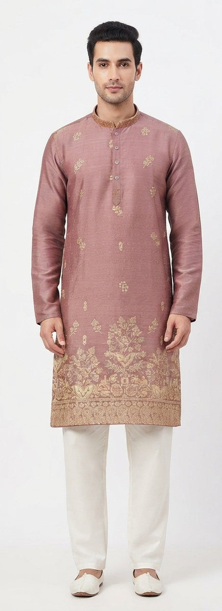 Men's mandarin collar embroidery work kurta, tissue fabric, Neck & daman design and astar attached AST 10 - Onion