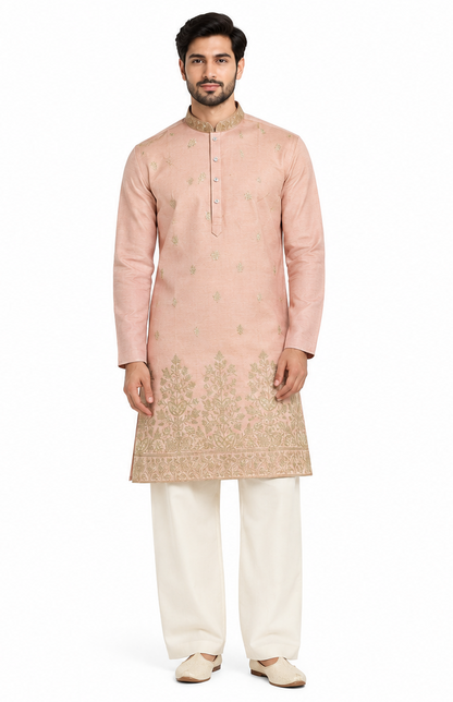 Men's mandarin collar embroidery work kurta, tissue fabric, Neck & daman design and astar attached AST 10 - Peach