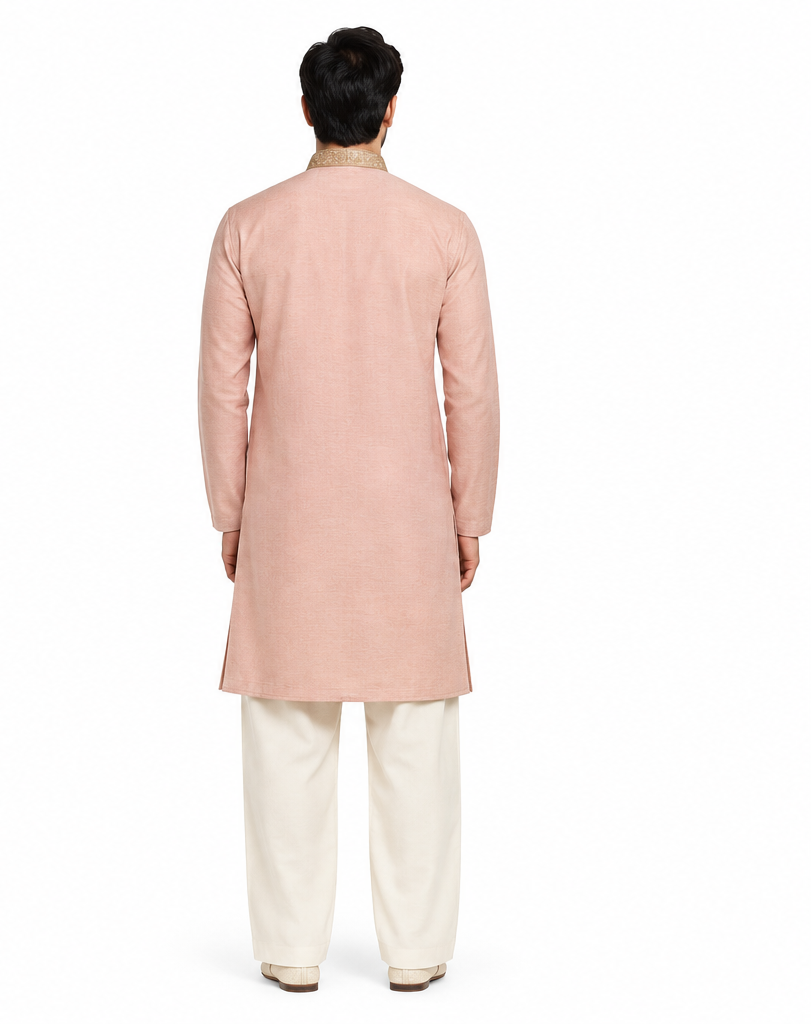 Men's mandarin collar embroidery work kurta, tissue fabric, Neck & daman design and astar attached AST 10 - Peach