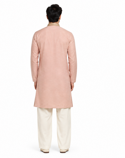 Men's mandarin collar embroidery work kurta, tissue fabric, Neck & daman design and astar attached AST 10 - Peach