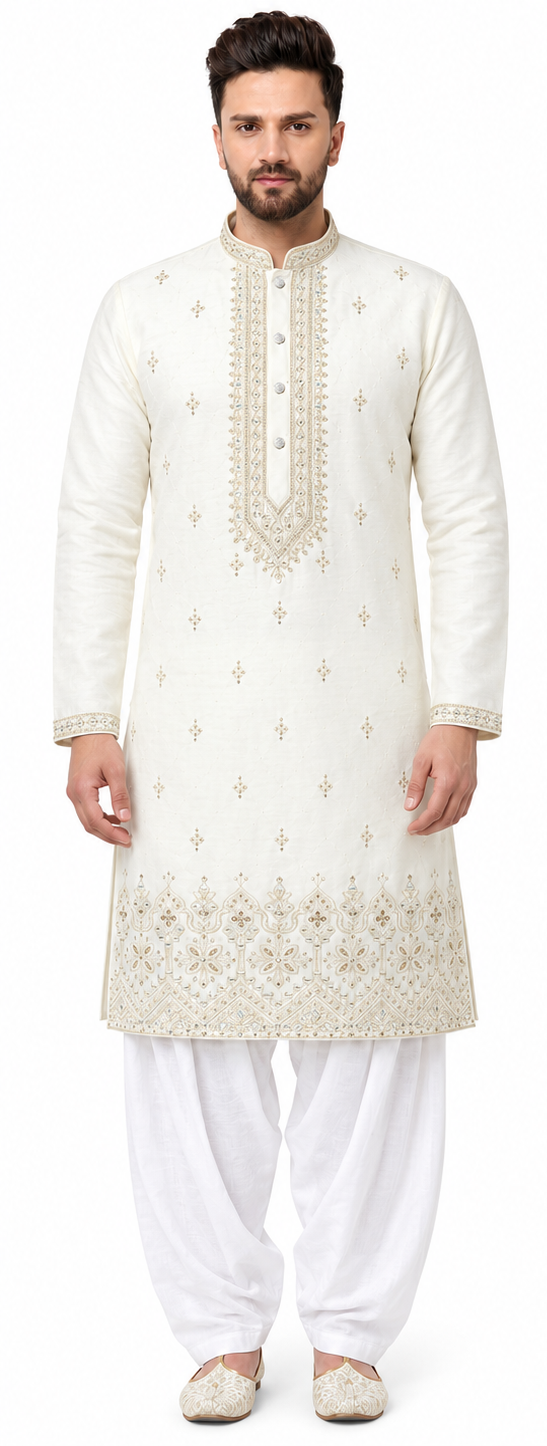 Men's mandarin collar Embroidery work kurta, Neck work, daman design and astar attached AST 18 - Cream