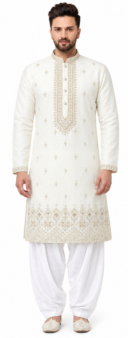 Men's mandarin collar Embroidery work kurta, Neck work, daman design and astar attached AST 18 - Cream