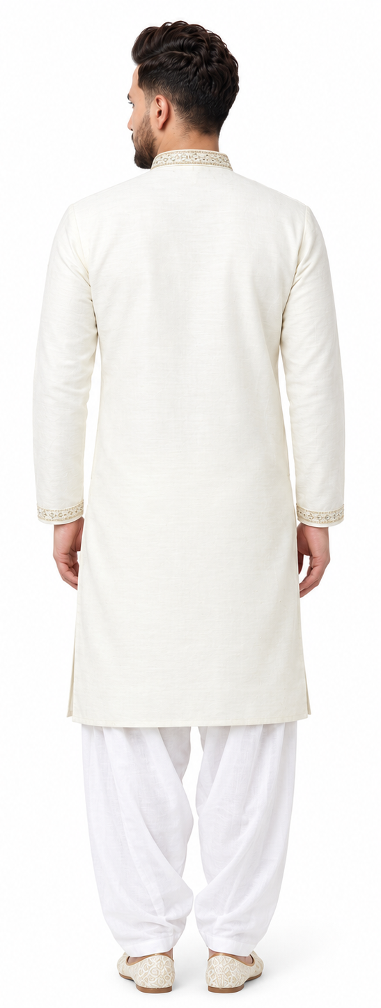 Men's mandarin collar Embroidery work kurta, Neck work, daman design and astar attached AST 18 - Cream