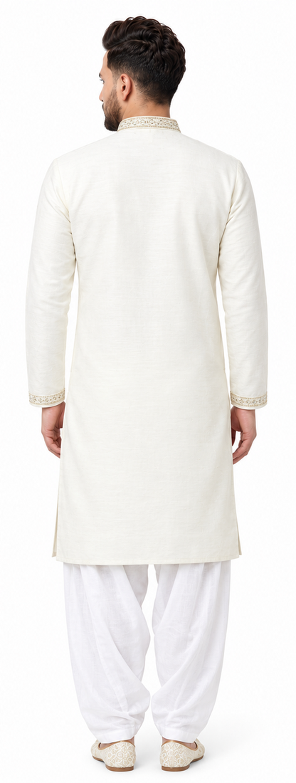 Men's mandarin collar Embroidery work kurta, Neck work, daman design and astar attached AST 18 - Cream