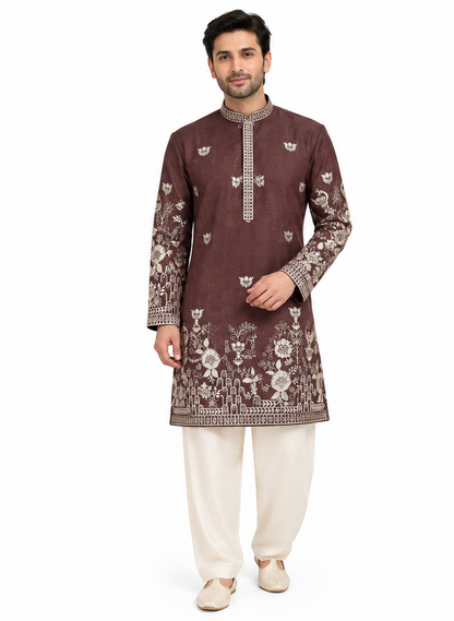 Men's mandarin collar embroidery work kurta, tissue fabric, Neck & daman design and astar attached AST 22 - Brown