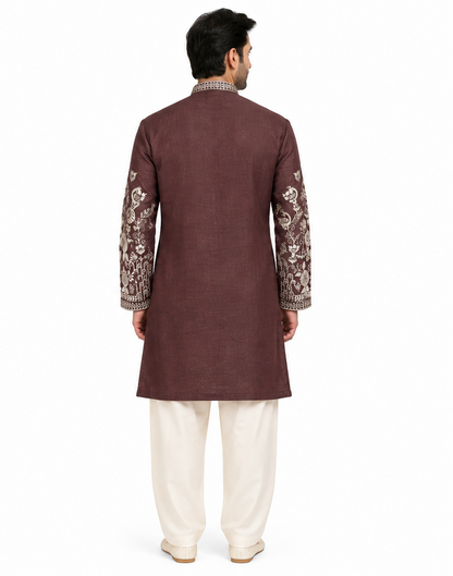 Men's mandarin collar embroidery work kurta, tissue fabric, Neck & daman design and astar attached AST 22 - Brown