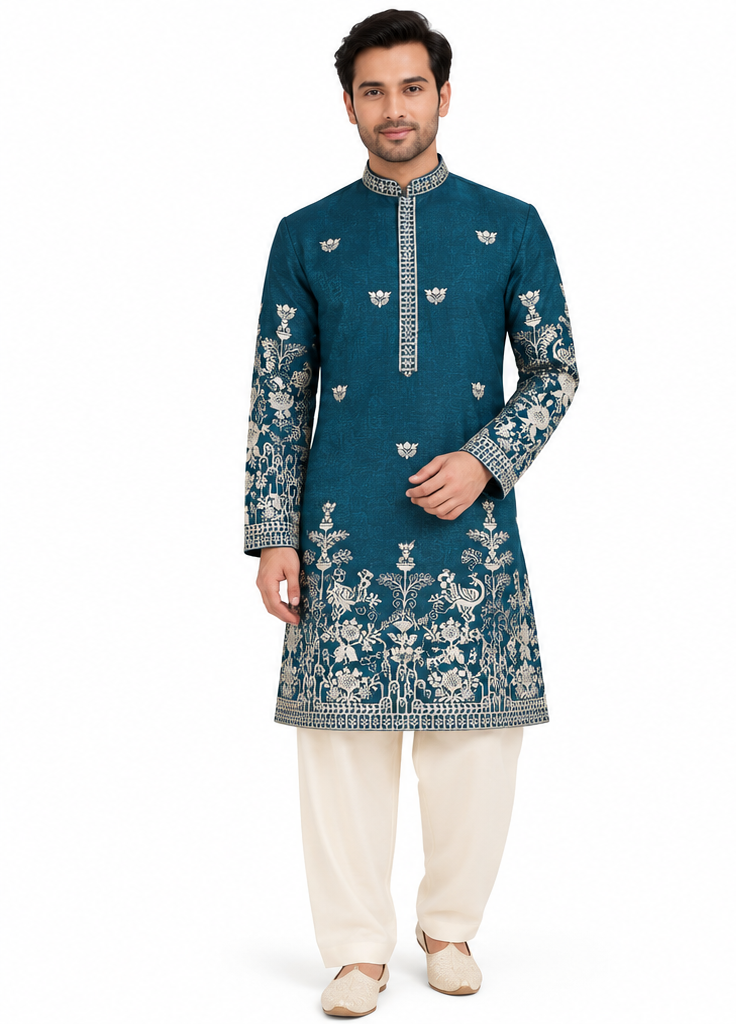 Men's mandarin collar embroidery work kurta, tissue fabric, Neck & daman design and astar attached AST 22 - Peacock Green