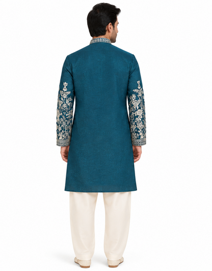 Men's mandarin collar embroidery work kurta, tissue fabric, Neck & daman design and astar attached AST 22 - Peacock Green