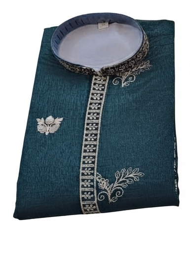 Men's mandarin collar embroidery work kurta, tissue fabric, Neck & daman design and astar attached AST 22 - Peacock Green