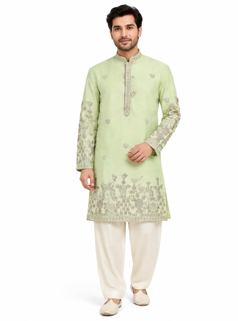 Men's mandarin collar embroidery work kurta, tissue fabric, Neck & daman design and astar attached AST 22 - Pista