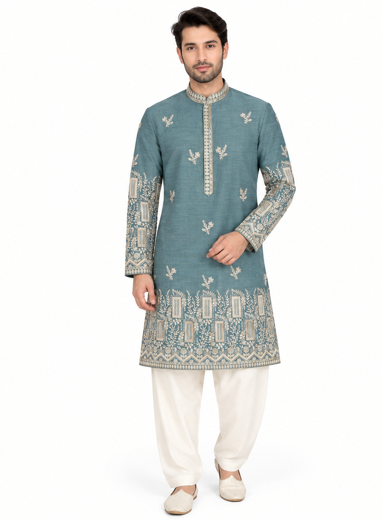 Men's mandarin collar embroidery work kurta, tissue fabric, Neck & daman design and astar attached AST 24 - Green