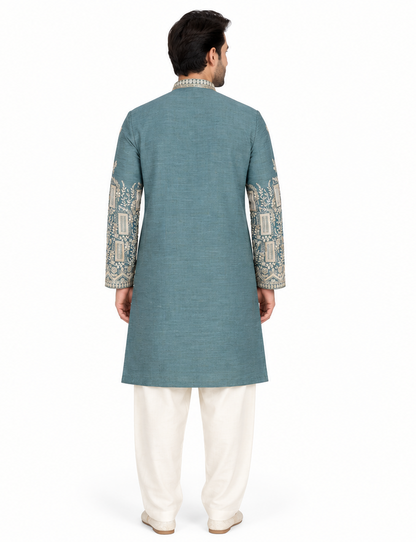 Men's mandarin collar embroidery work kurta, tissue fabric, Neck & daman design and astar attached AST 24 - Green