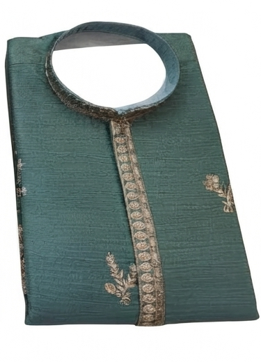 Men's mandarin collar embroidery work kurta, tissue fabric, Neck & daman design and astar attached AST 24 - Green