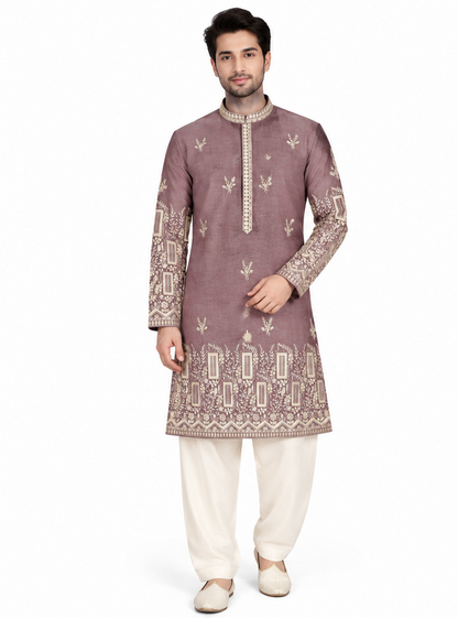 Men's mandarin collar embroidery work kurta, tissue fabric, Neck & daman design and astar attached AST 24 - Onion