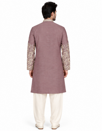 Men's mandarin collar embroidery work kurta, tissue fabric, Neck & daman design and astar attached AST 24 - Onion