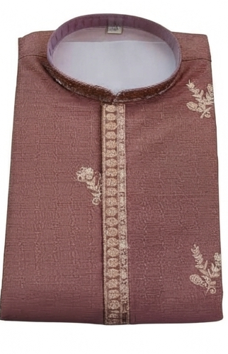 Men's mandarin collar embroidery work kurta, tissue fabric, Neck & daman design and astar attached AST 24 - Onion