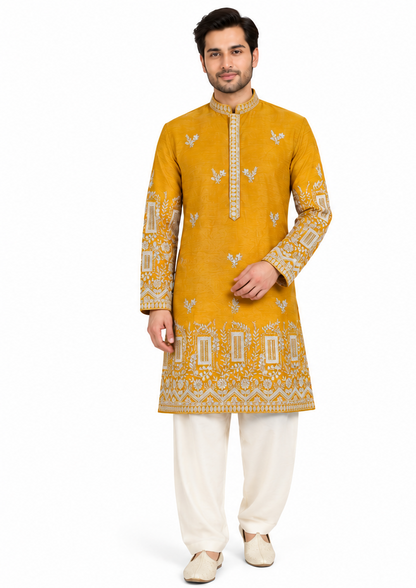 Men's mandarin collar embroidery work kurta, tissue fabric, Neck & daman design and astar attached AST 24 - Yellow
