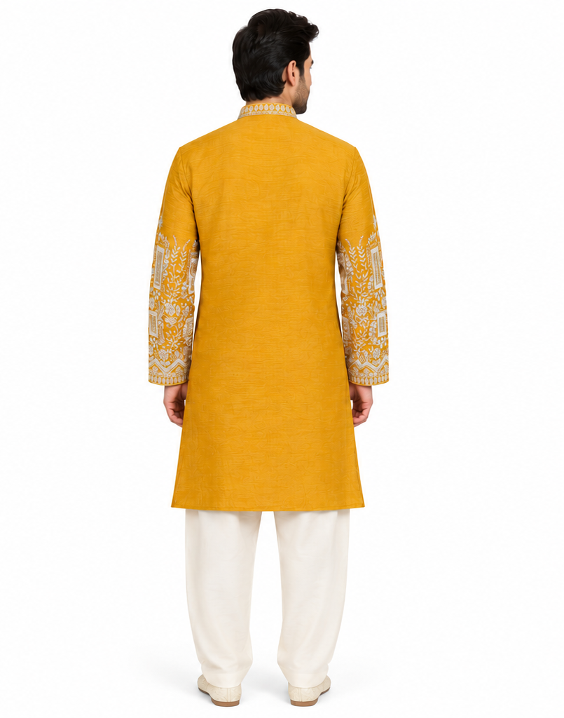 Men's mandarin collar embroidery work kurta, tissue fabric, Neck & daman design and astar attached AST 24 - Yellow